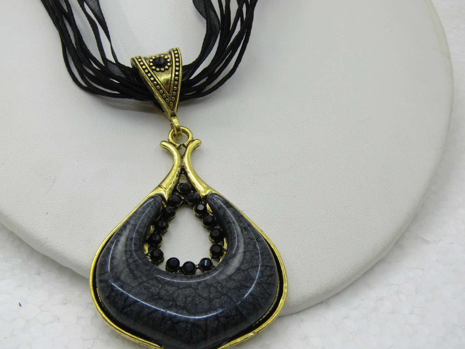 Black Pendant on 16" Black Multi-Strand Ribbon Necklace with Rhinestones. - 2