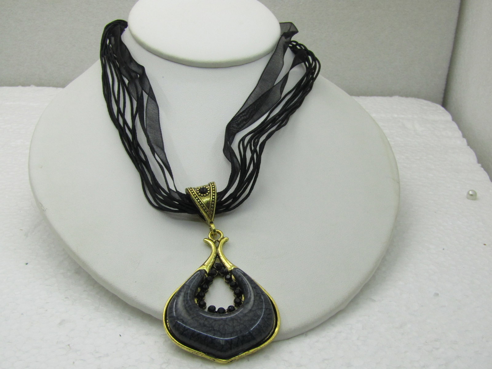 Black Pendant on 16" Black Multi-Strand Ribbon Necklace with Rhinestones. - 3