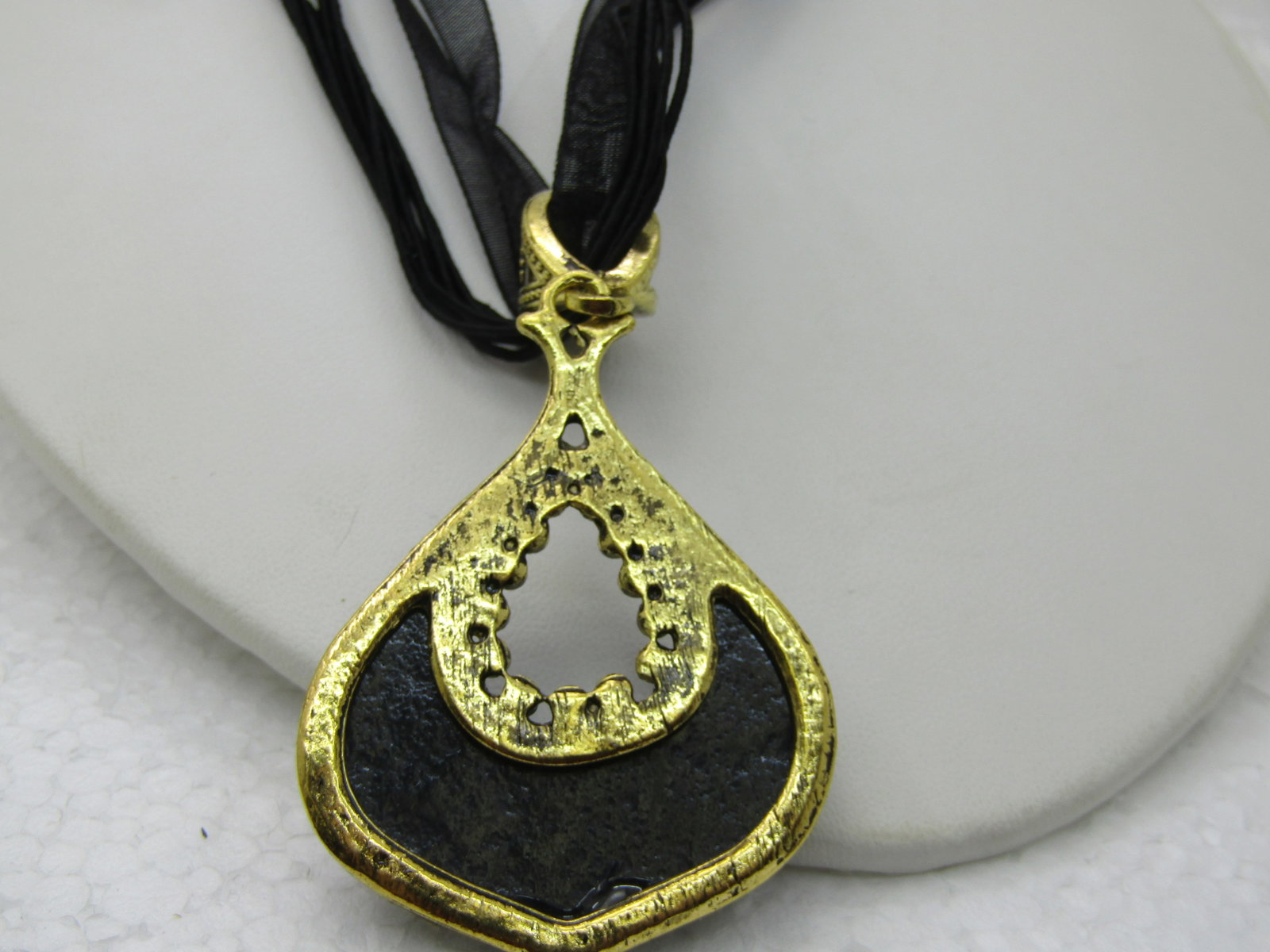 Black Pendant on 16" Black Multi-Strand Ribbon Necklace with Rhinestones. - 4