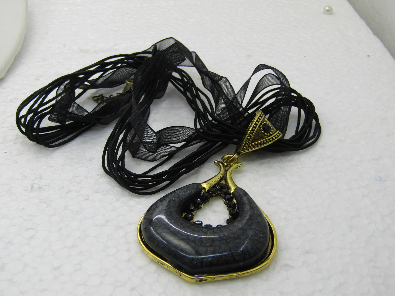 Black Pendant on 16" Black Multi-Strand Ribbon Necklace with Rhinestones. - 5