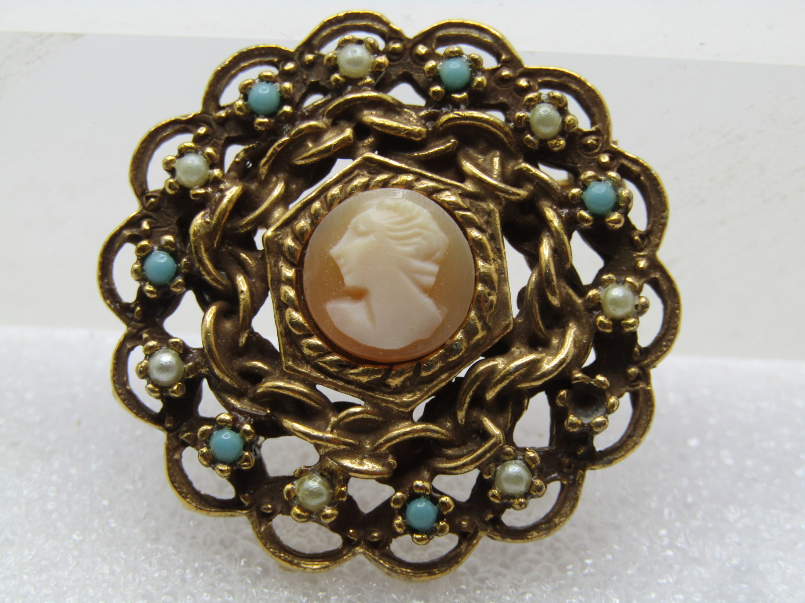 Vintage Cameo Brooch, Faux Turquoise and Pearl, Signed Gold Tone 1950's-1960's: Title: Vintage Cameo Brooch, Faux Turquoise and Pearl, Signed Gold Tone 1950's-1960's Description: Vintage Cameo Brooch, Faux Turquoise and Pearl, Signed Gold Tone 1950's-1960's, Gold tone with a cent