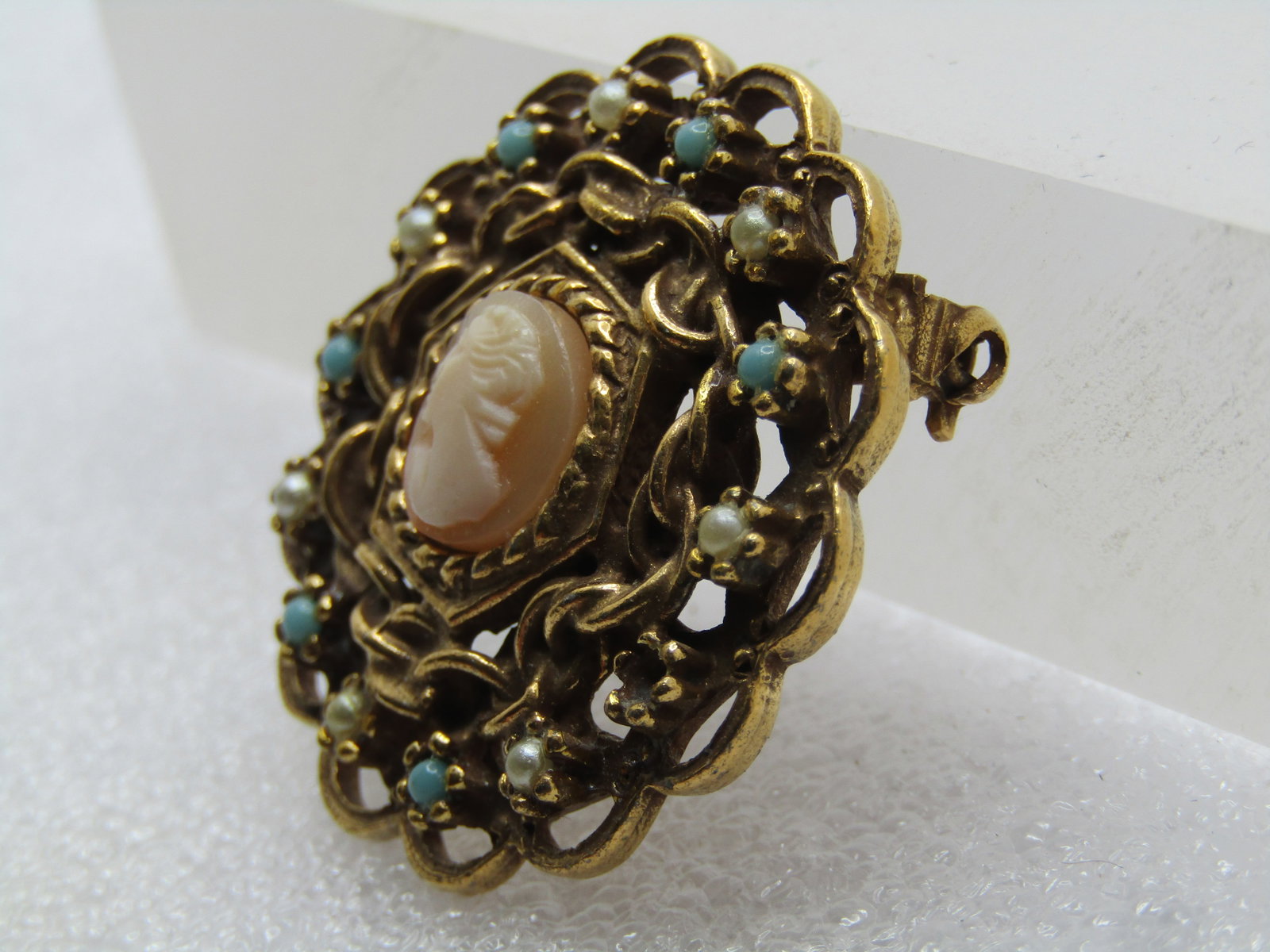 Vintage Cameo Brooch, Faux Turquoise and Pearl, Signed Gold Tone 1950's-1960's - 2