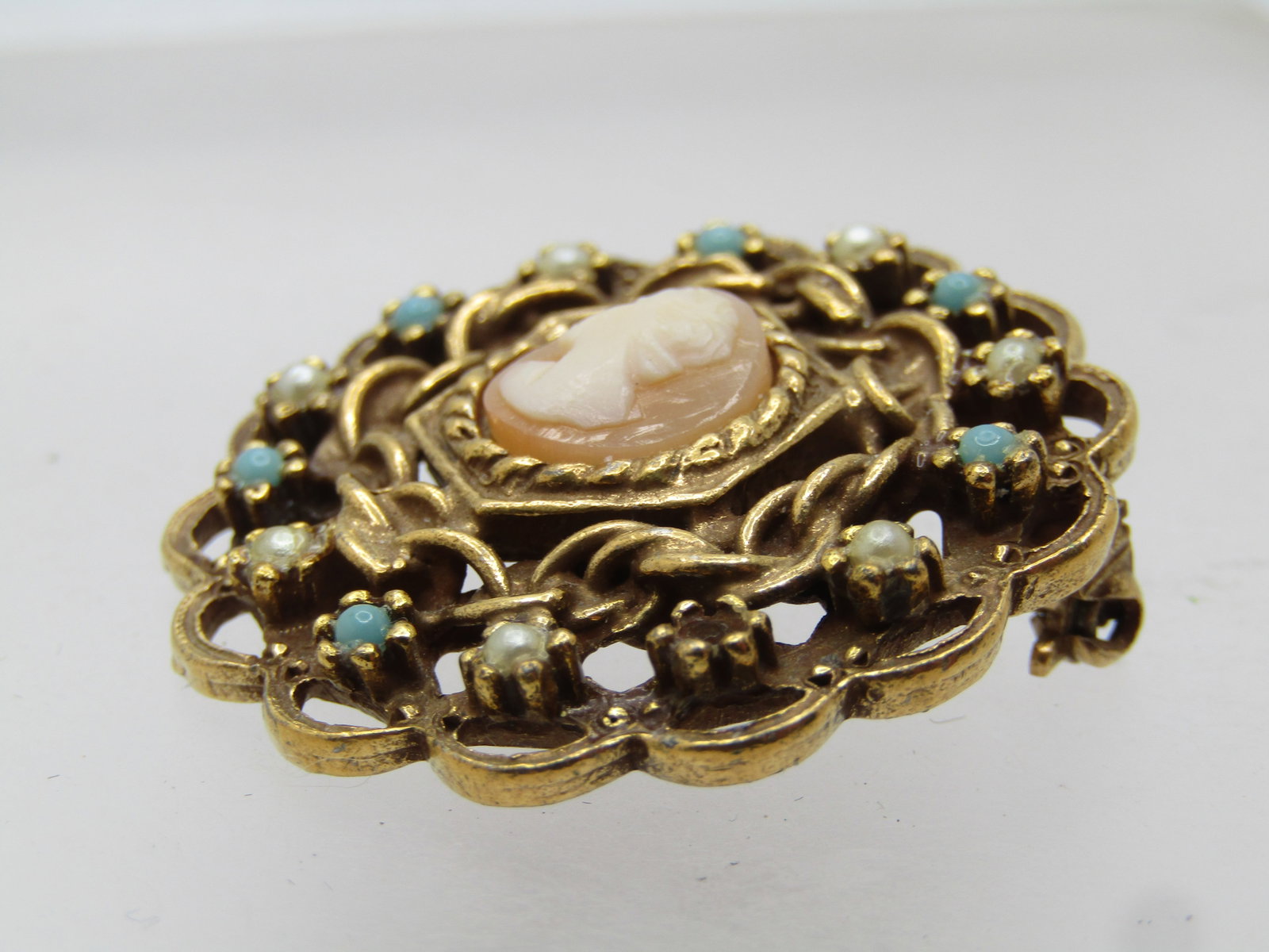 Vintage Cameo Brooch, Faux Turquoise and Pearl, Signed Gold Tone 1950's-1960's - 6
