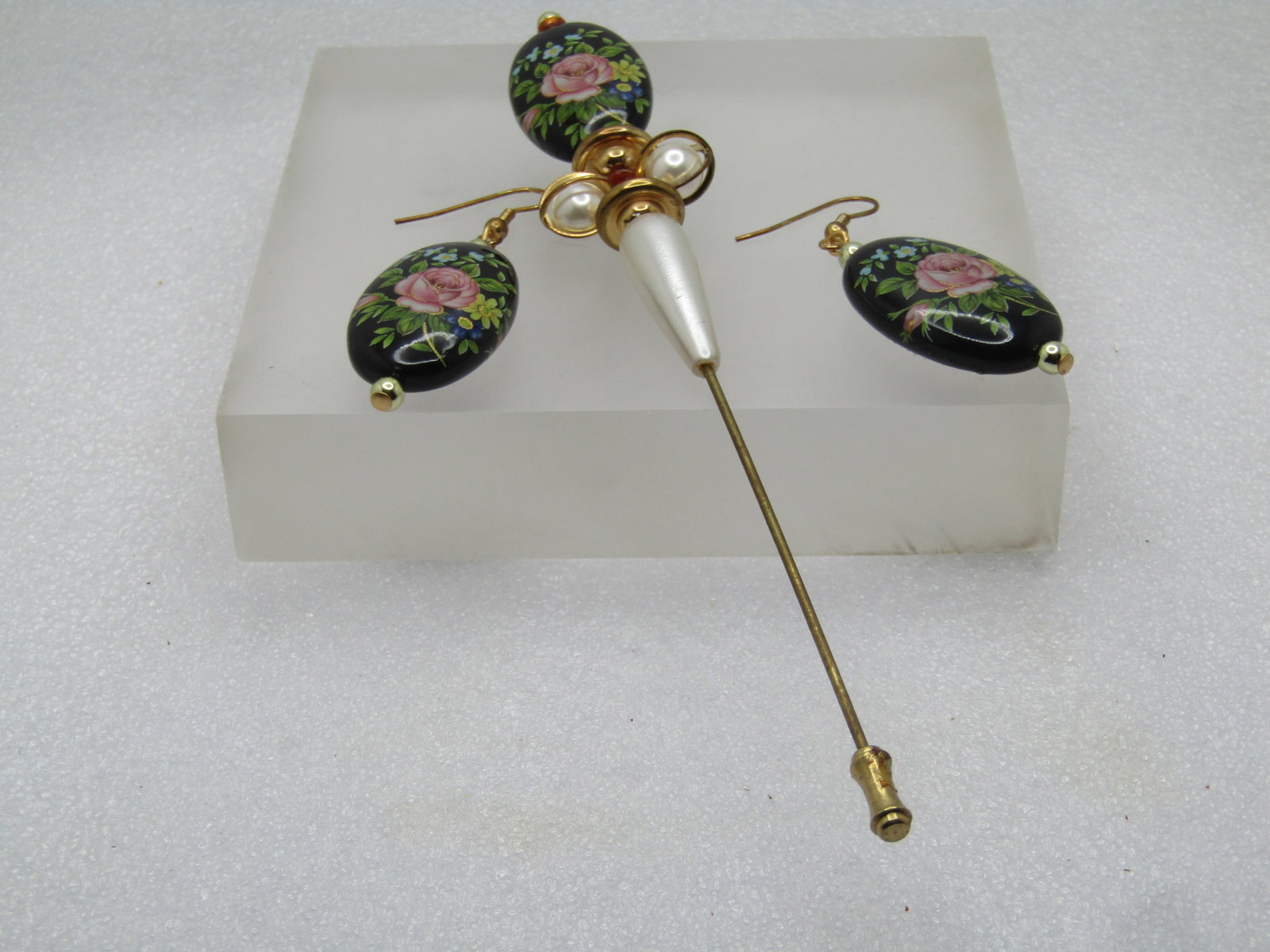 Vintage Pink Rose Hat Pin and Pierced Earrings, Dangle, 1980's - 2