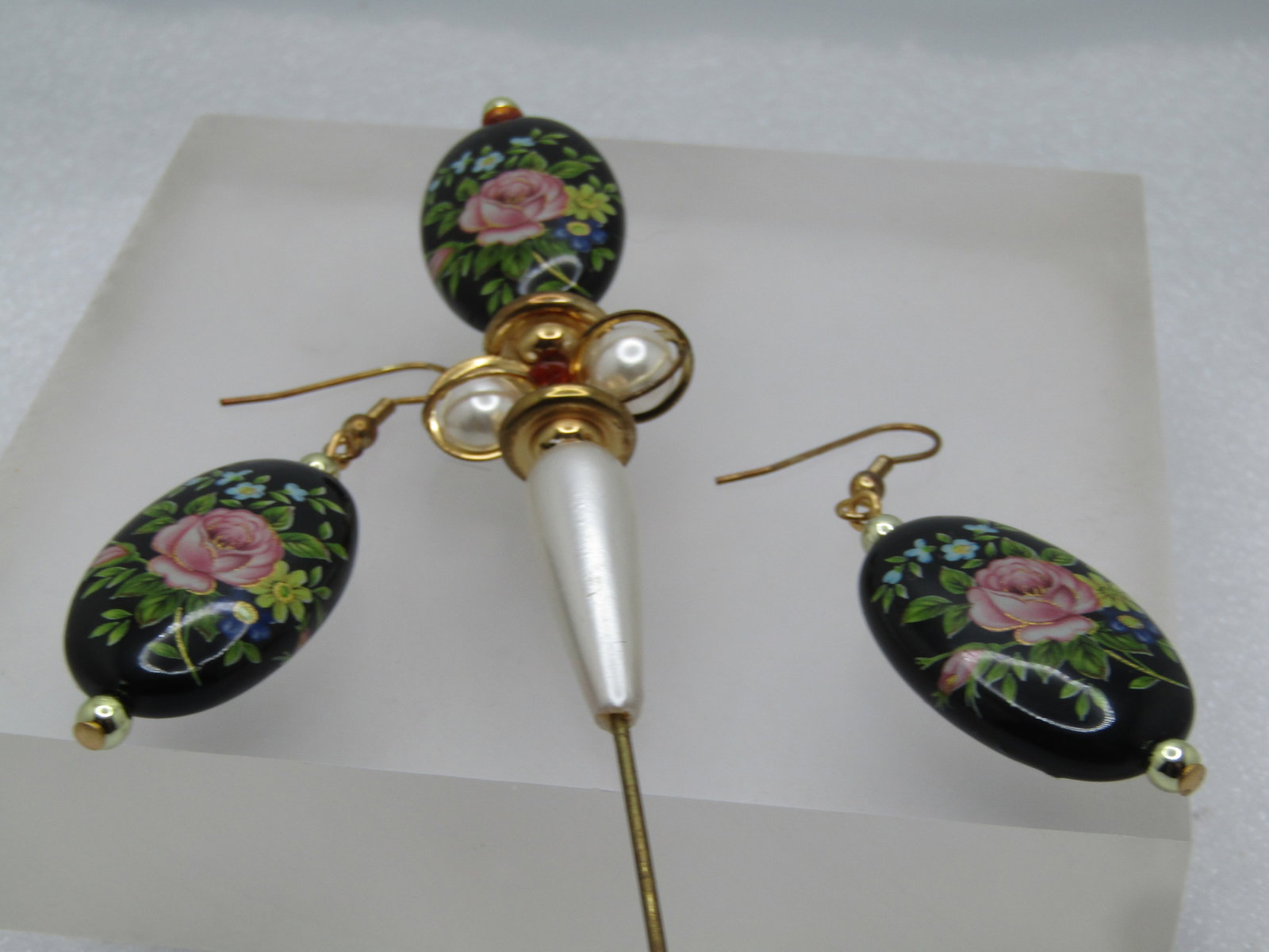 Vintage Pink Rose Hat Pin and Pierced Earrings, Dangle, 1980's - 3