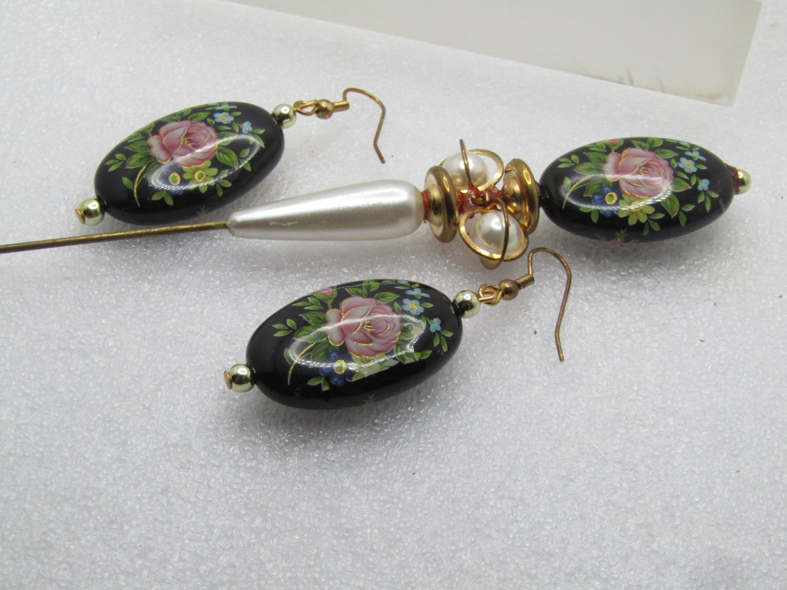 Vintage Pink Rose Hat Pin and Pierced Earrings, Dangle, 1980's - 4