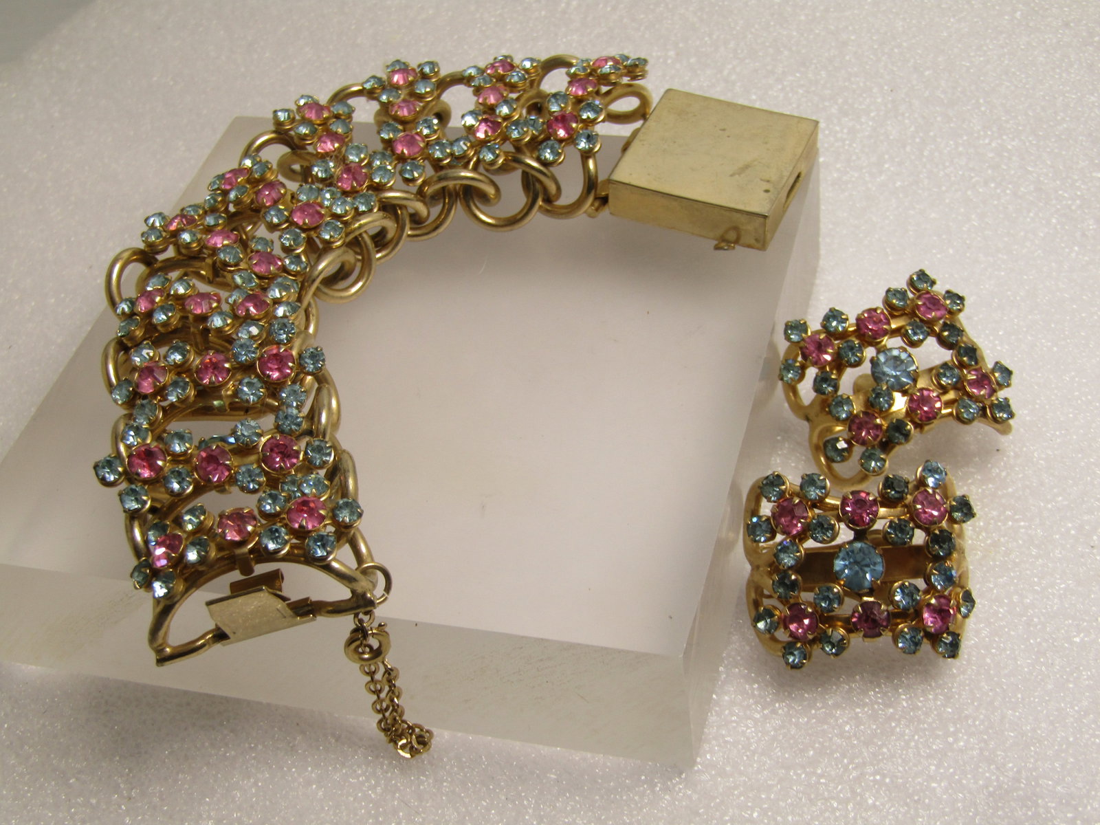Vintage Statement Rhinestone Bracelet and Clip Earrings Set, Pink/Blue, 7.75" 1960's (1 of 8)