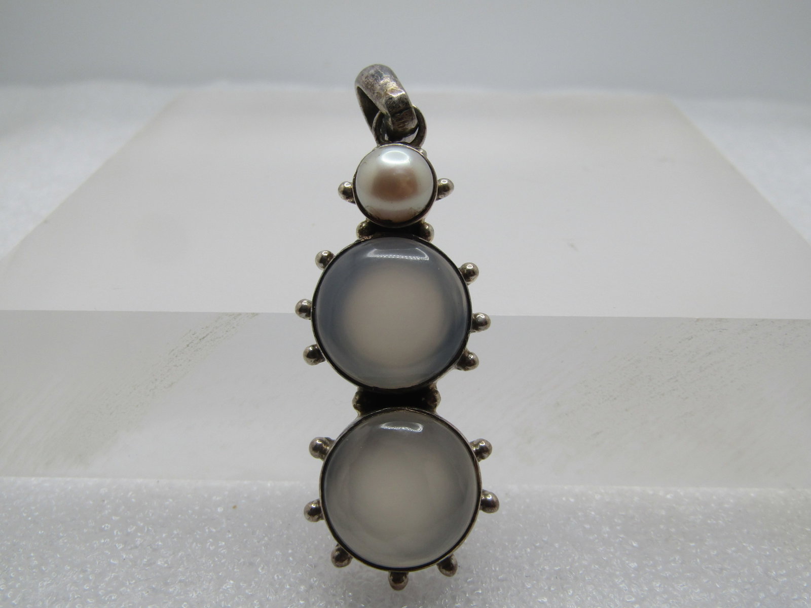 Vintage Sterling Quartz and Pearl Pendant, 1980's-1990's: Title: Vintage Sterling Quartz and Pearl Pendant, 1980's-1990's Description: Vintage Sterling Quartz and Pearl Pendant, 1980's-1990's. This has two appx. 16mm opaque white quartz cabochons set in