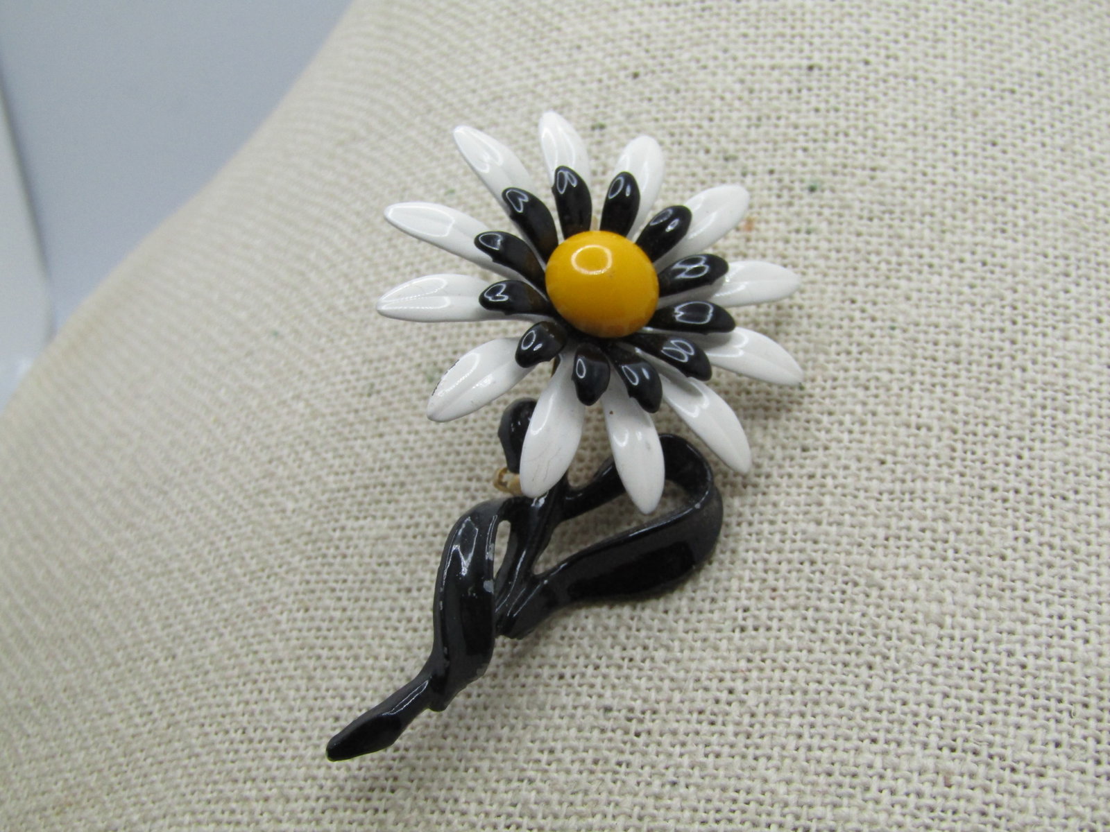 Vintage Black, White, Yellow Daisy Brooch, Enameled, 1960's, 2.5" (1 of 5)