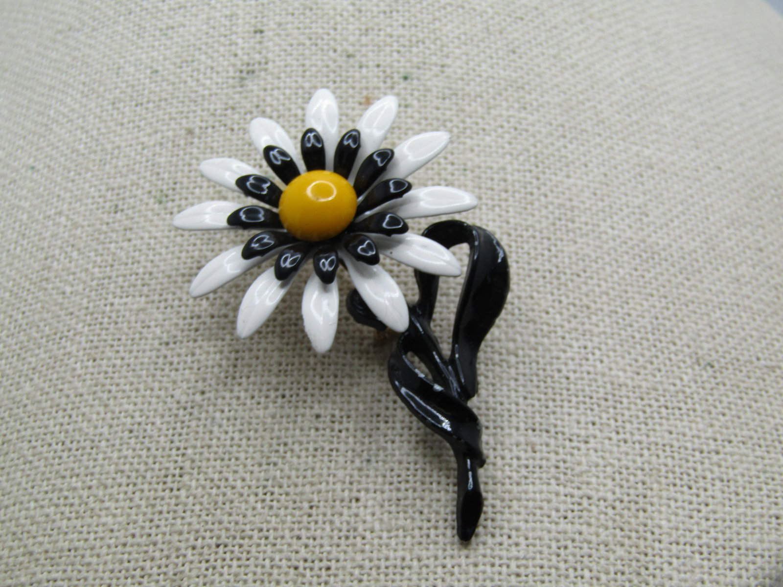 Vintage Black, White, Yellow Daisy Brooch, Enameled, 1960's, 2.5" - 2