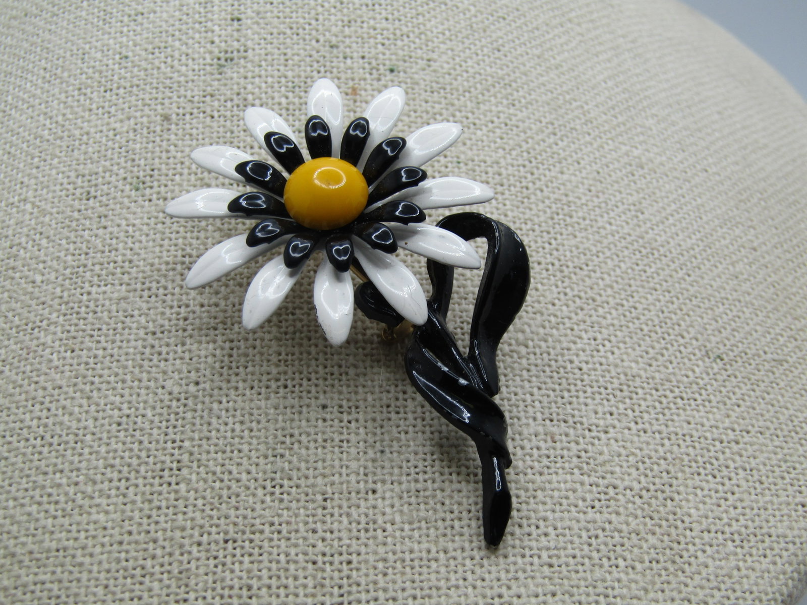 Vintage Black, White, Yellow Daisy Brooch, Enameled, 1960's, 2.5" - 3