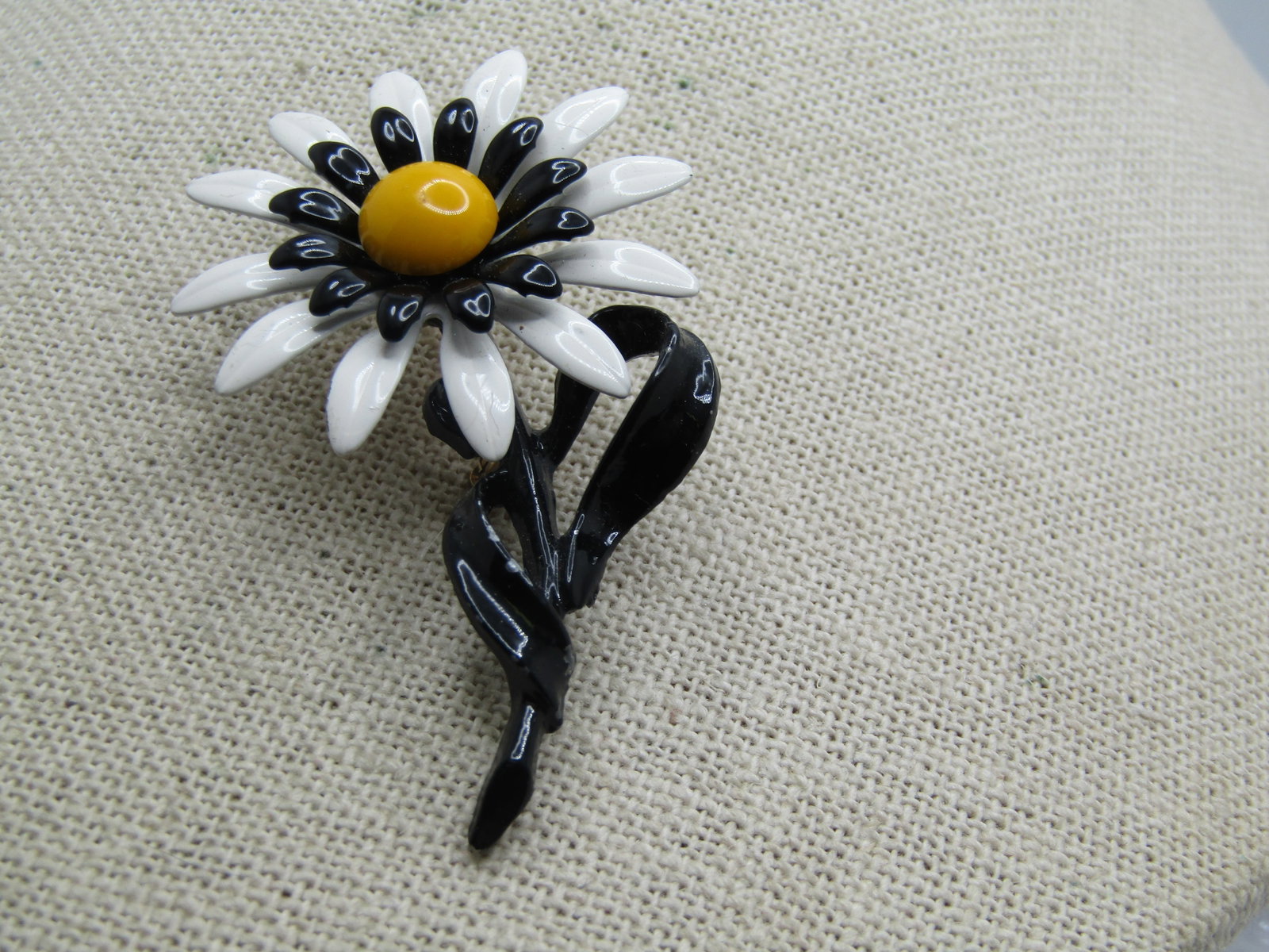 Vintage Black, White, Yellow Daisy Brooch, Enameled, 1960's, 2.5" - 4