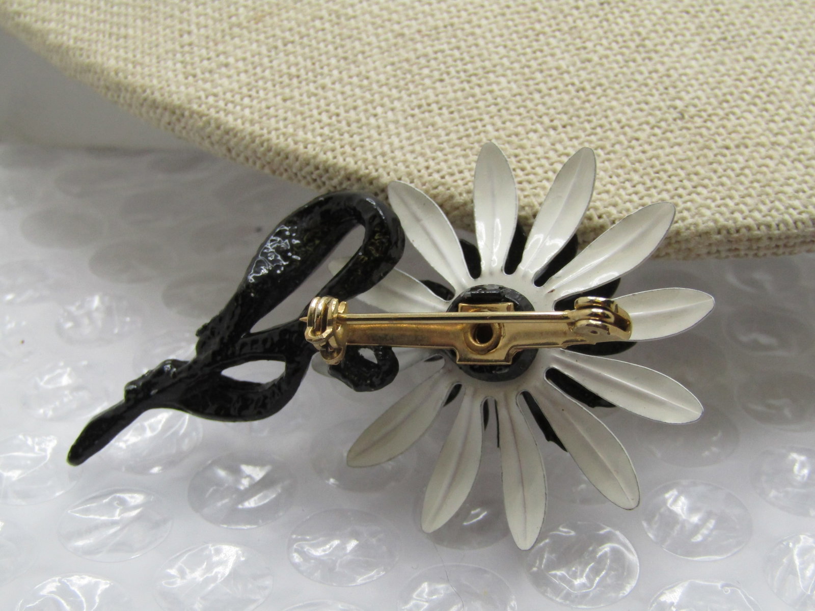 Vintage Black, White, Yellow Daisy Brooch, Enameled, 1960's, 2.5" - 5