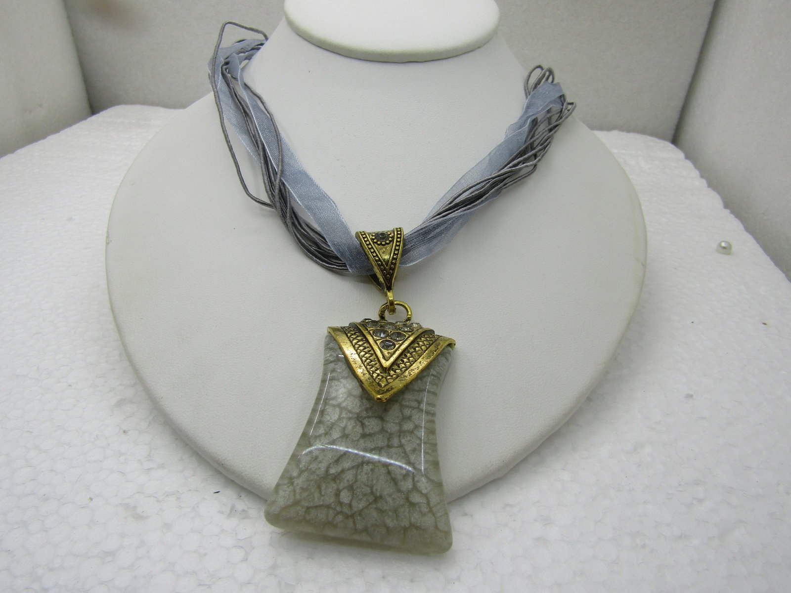 Gray Pendant on 16" Gray Multi-Strand Ribbon Necklace with Rhinestones (1 of 5)