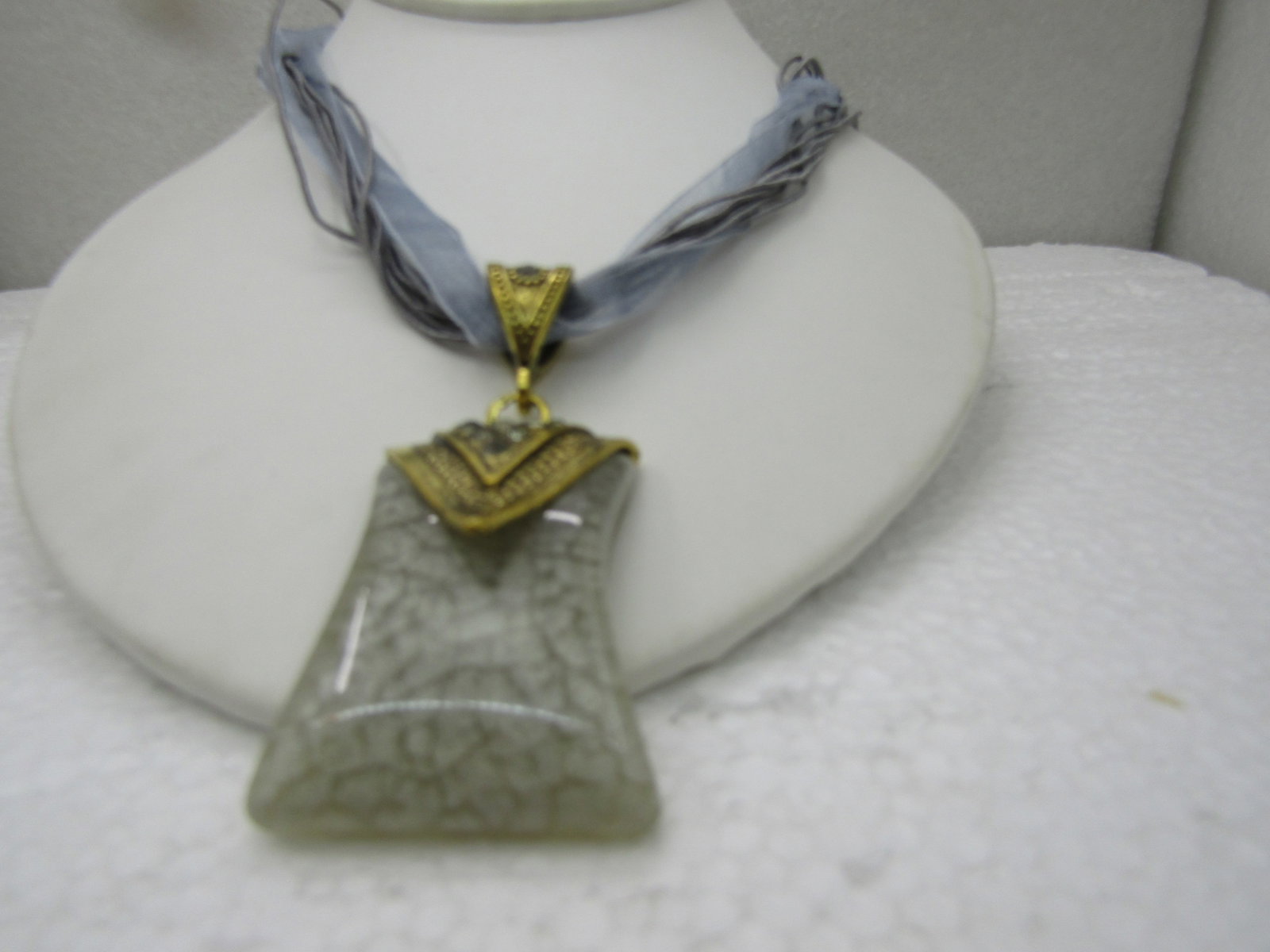 Gray Pendant on 16" Gray Multi-Strand Ribbon Necklace with Rhinestones - 2