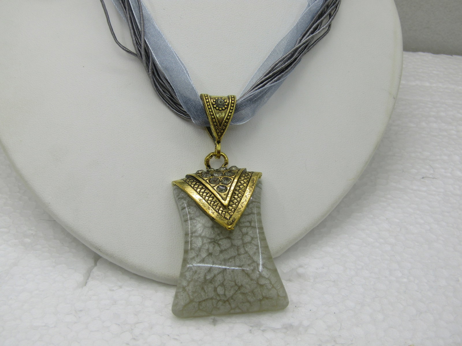 Gray Pendant on 16" Gray Multi-Strand Ribbon Necklace with Rhinestones - 3