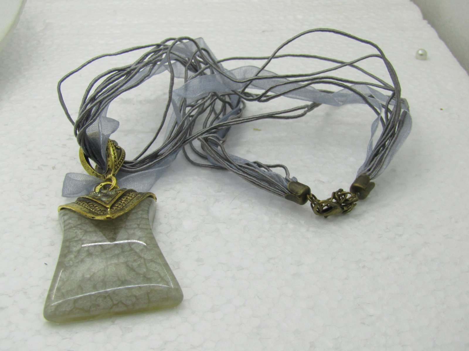 Gray Pendant on 16" Gray Multi-Strand Ribbon Necklace with Rhinestones - 4
