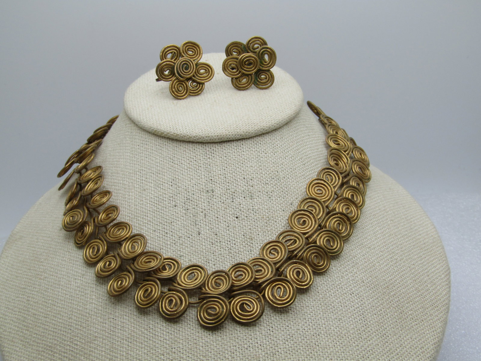 Vintage Coiled Brass Necklace and Earrings Set, 16", Modern (1 of 6)