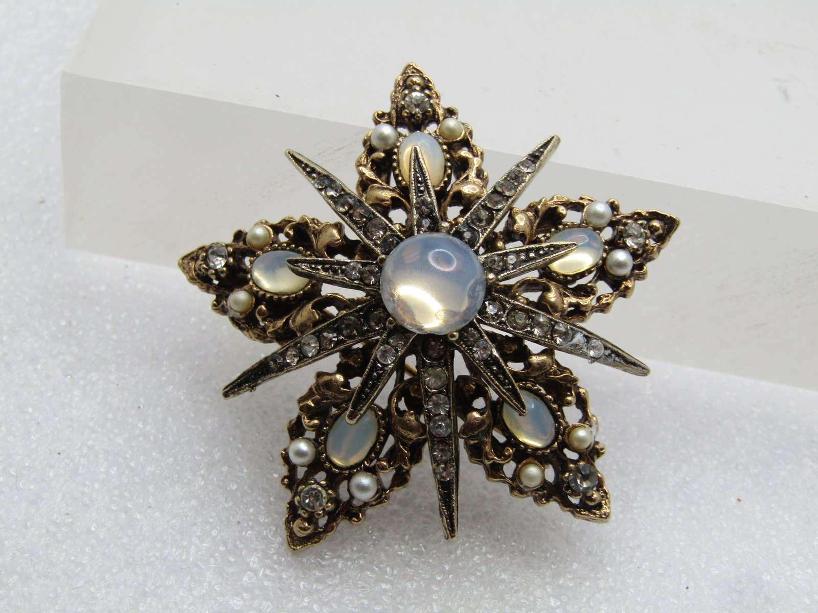 Vintage Faux Pearl, Rhinestone Star Brooch, Signed Art, 1960's - 2