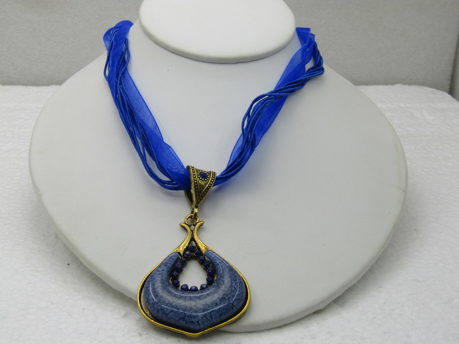 Blue Pendant on 16" Blue Multi-Strand Ribbon Necklace with Rhinestones - 2
