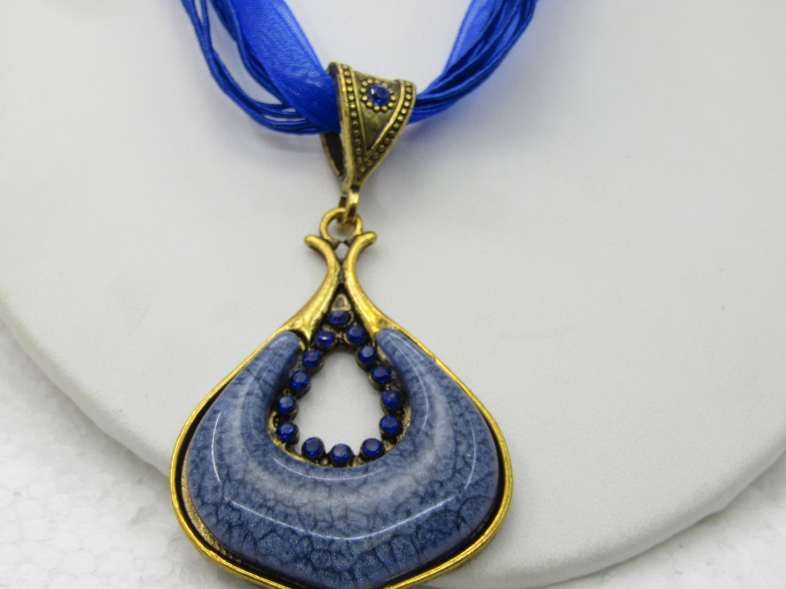 Blue Pendant on 16" Blue Multi-Strand Ribbon Necklace with Rhinestones - 3