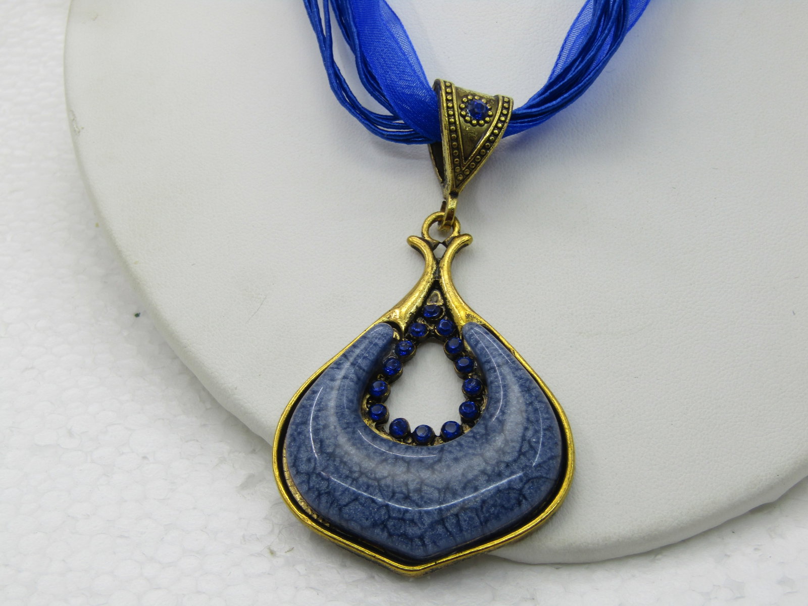 Blue Pendant on 16" Blue Multi-Strand Ribbon Necklace with Rhinestones - 4