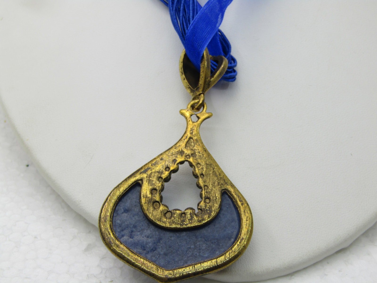 Blue Pendant on 16" Blue Multi-Strand Ribbon Necklace with Rhinestones - 5