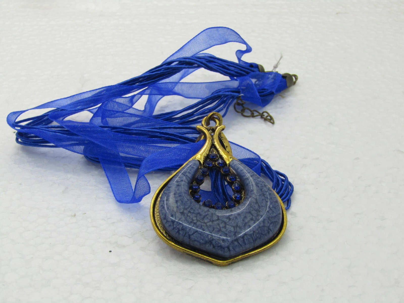 Blue Pendant on 16" Blue Multi-Strand Ribbon Necklace with Rhinestones - 6