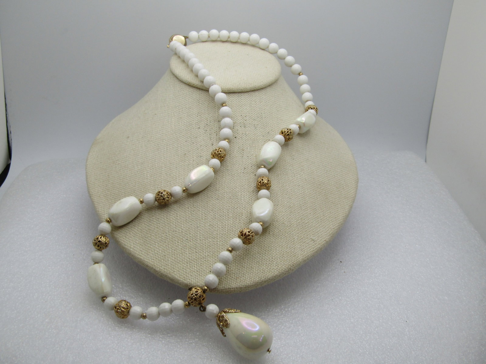 Vintage White and Iridescent Beaded Necklace, 24", 1960's - 2