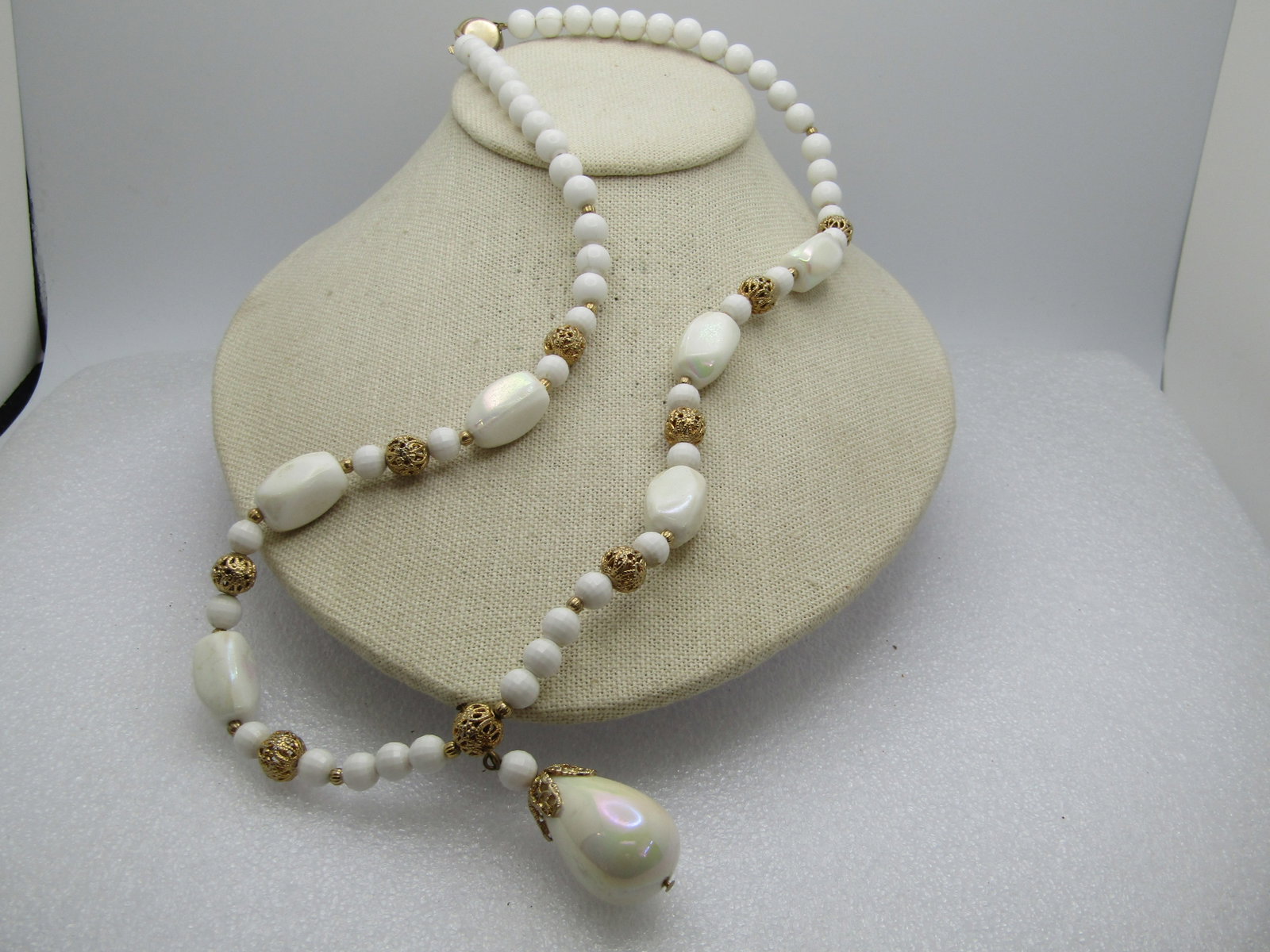 Vintage White and Iridescent Beaded Necklace, 24", 1960's - 3