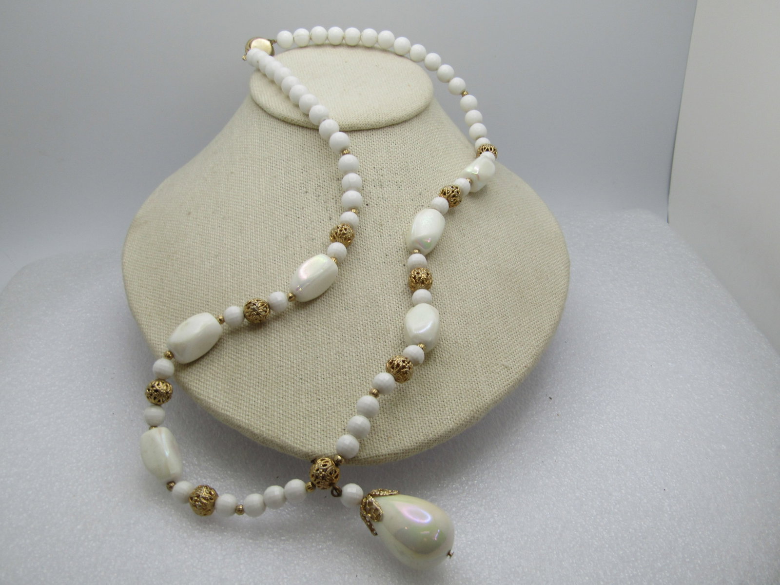 Vintage White and Iridescent Beaded Necklace, 24", 1960's - 4
