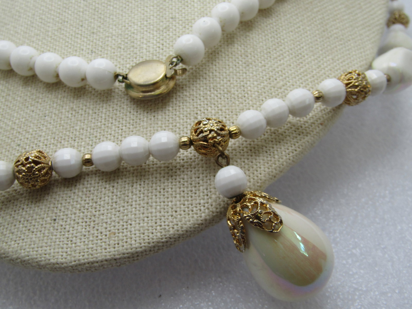 Vintage White and Iridescent Beaded Necklace, 24", 1960's - 6