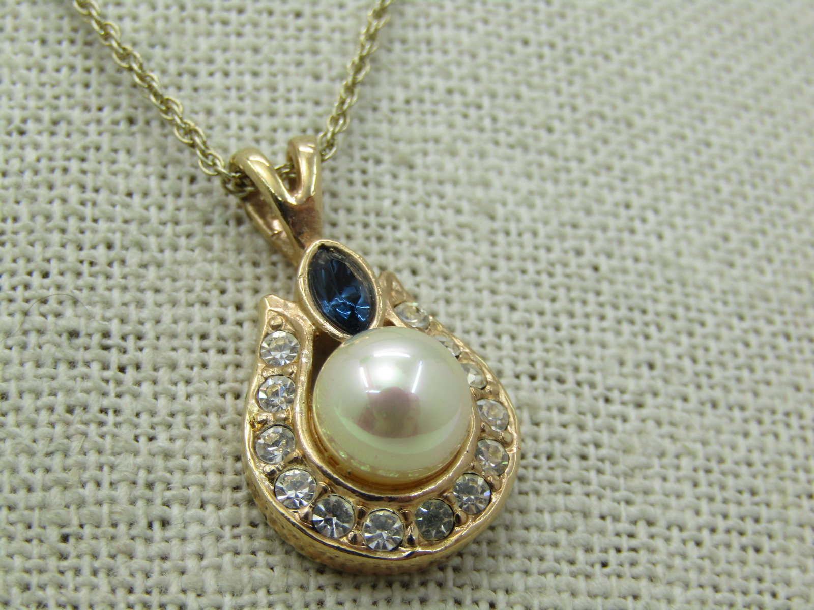 Vintage Roman Faux Pearl and Simulated Sapphire, Clear Stone Necklace, 18" - 4