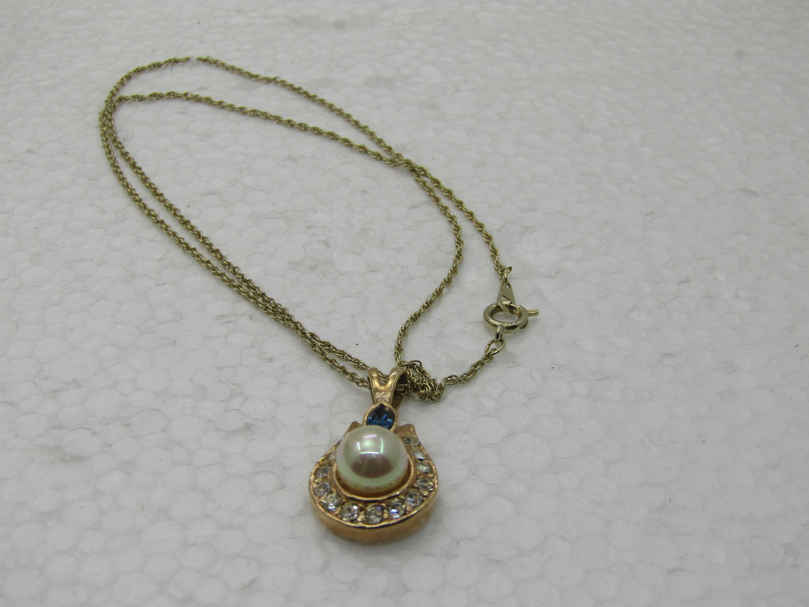 Vintage Roman Faux Pearl and Simulated Sapphire, Clear Stone Necklace, 18" - 7