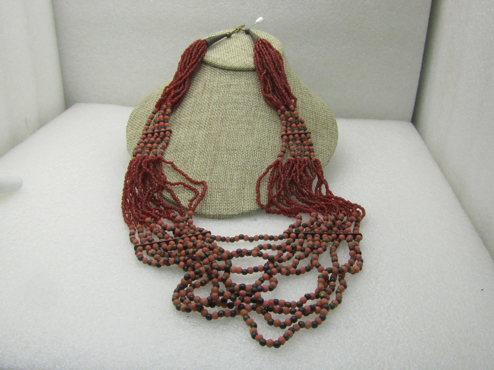 Vintage Multi-Strand, Salmon and Brass Beaded Necklace, 23", Tribal Look: Title: Vintage Multi-Strand, Salmon and Brass Beaded Necklace, 23", Tribal Look Description: Vintage Multi-Strand, Salmon and Brass Beaded Necklace, 23", Tribal Look in the center it has ten strands a