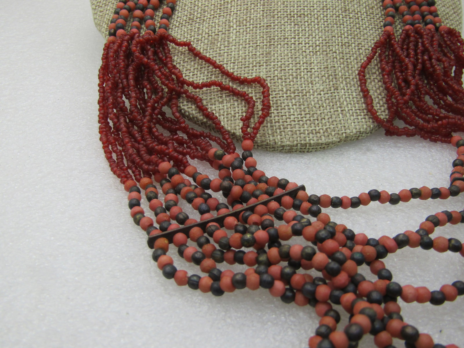 Vintage Multi-Strand, Salmon and Brass Beaded Necklace, 23", Tribal Look - 3