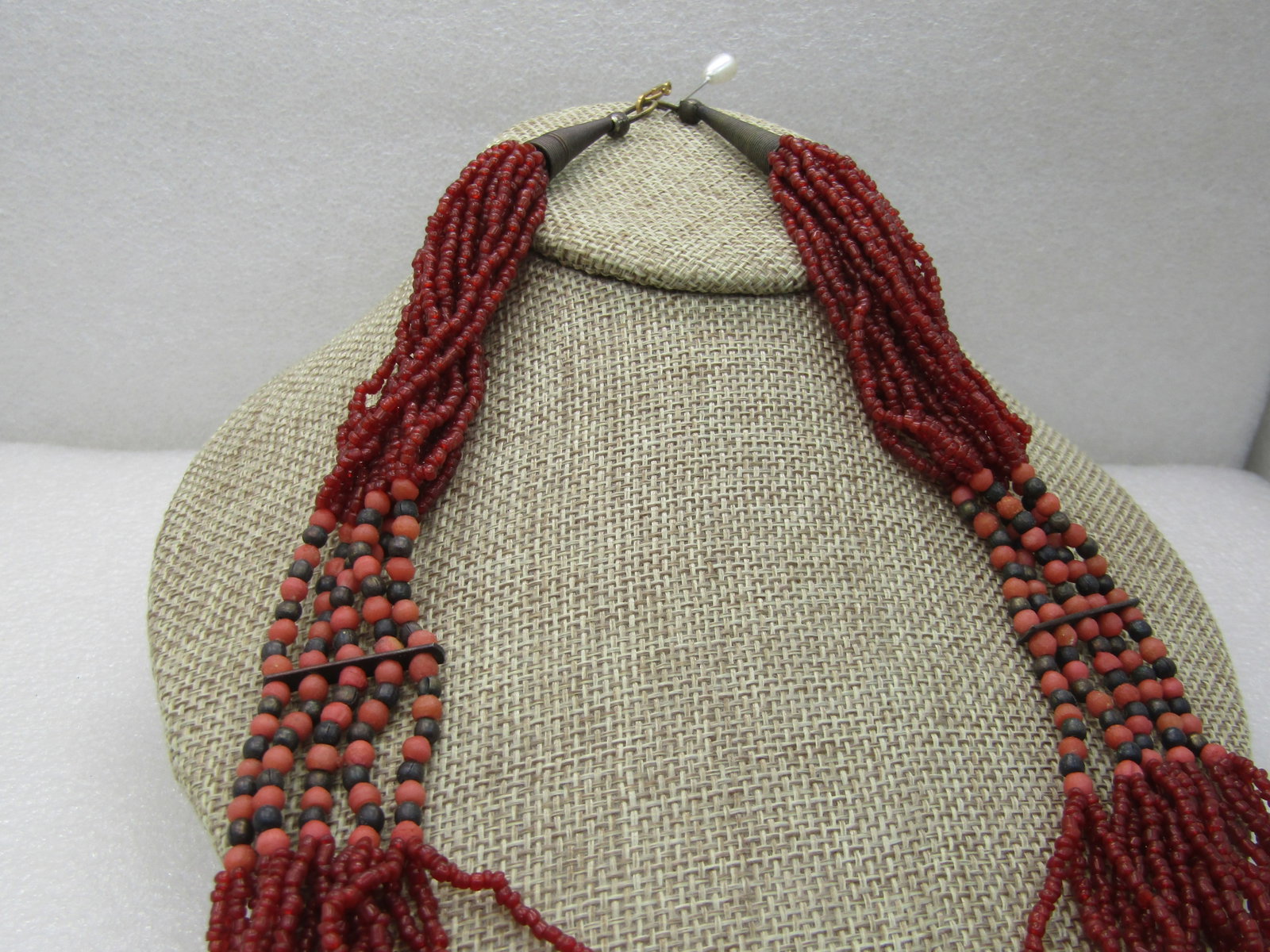 Vintage Multi-Strand, Salmon and Brass Beaded Necklace, 23", Tribal Look - 4