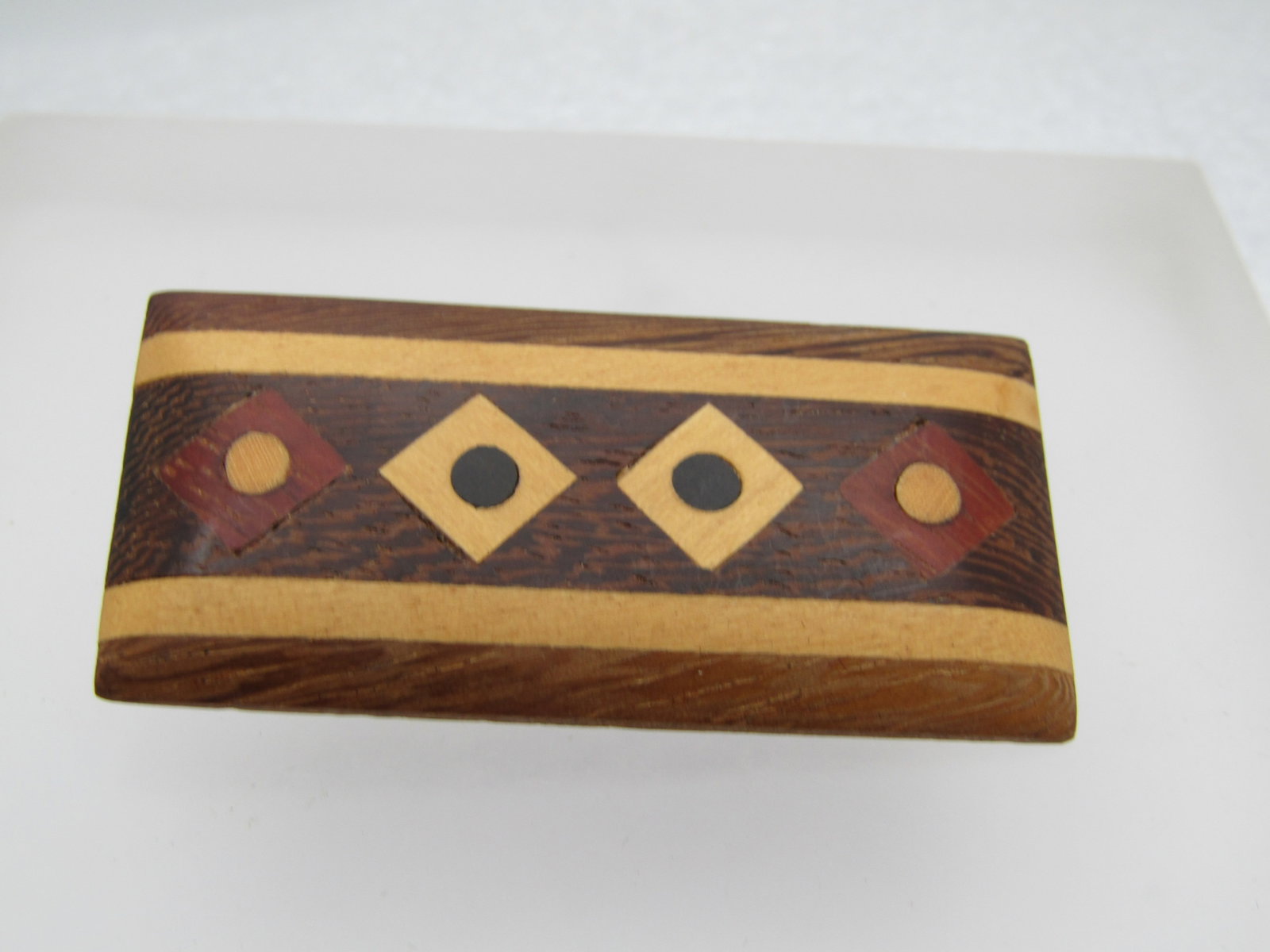 Vintage Inlaid Mixed Wood Brooch, 1970's-1980's.: Title: Vintage Inlaid Mixed Wood Brooch, 1970's-1980's. Description: Vintage Inlaid Mixed Wood Brooch, 1970's-1980's. Rectangular andd omed in shape and appx. 2-1/8" wide and 1.25" tall. Gemetric type