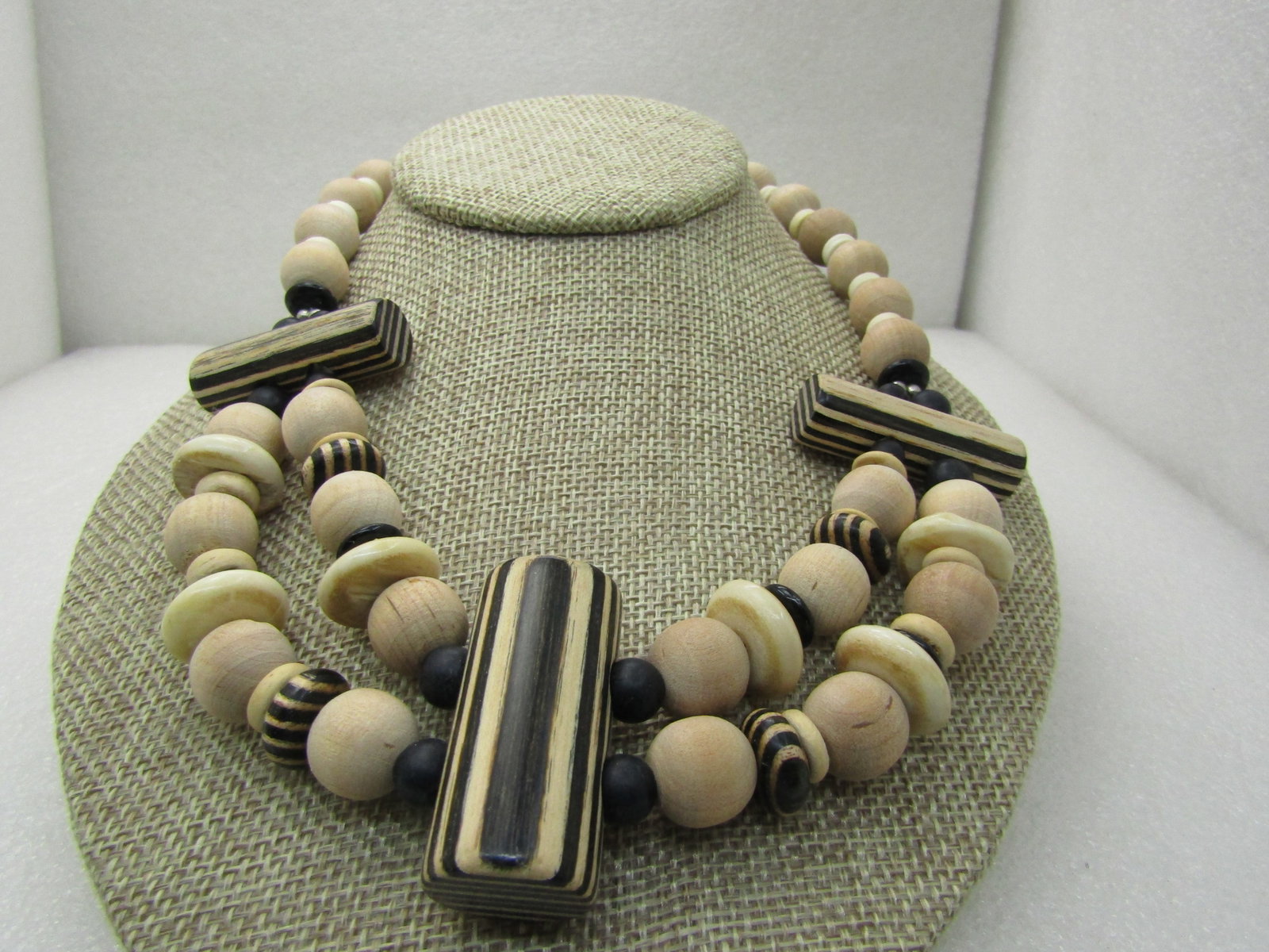 Vintage Tribal Wooden Zebra Beaded Necklace, signed Duplaise, 1960's, 16.5" (1 of 5)