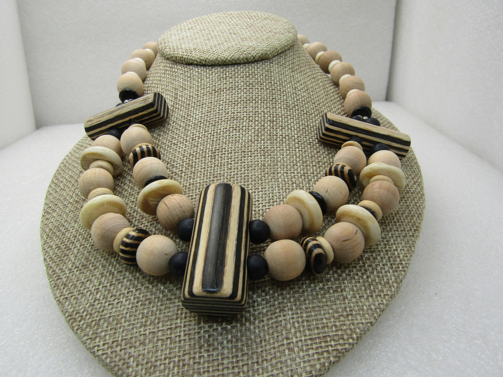 Vintage Tribal Wooden Zebra Beaded Necklace, signed Duplaise, 1960's, 16.5" - 2