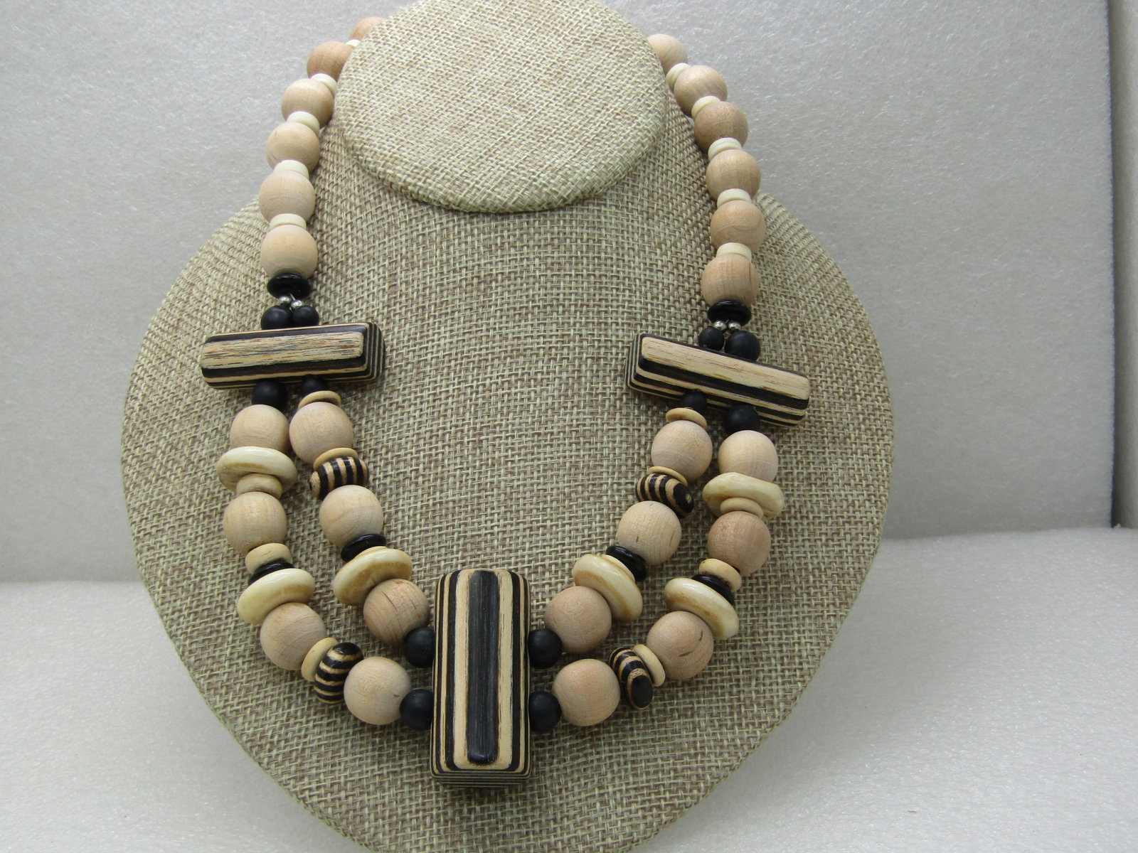 Vintage Tribal Wooden Zebra Beaded Necklace, signed Duplaise, 1960's, 16.5" - 3