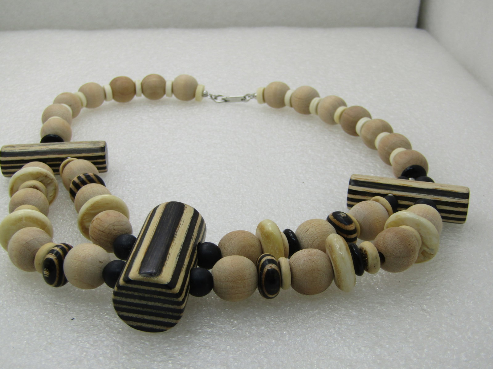 Vintage Tribal Wooden Zebra Beaded Necklace, signed Duplaise, 1960's, 16.5" - 4
