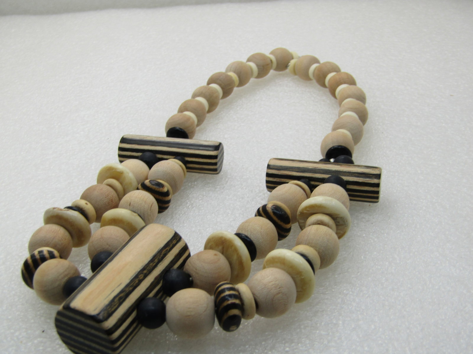 Vintage Tribal Wooden Zebra Beaded Necklace, signed Duplaise, 1960's, 16.5" - 5