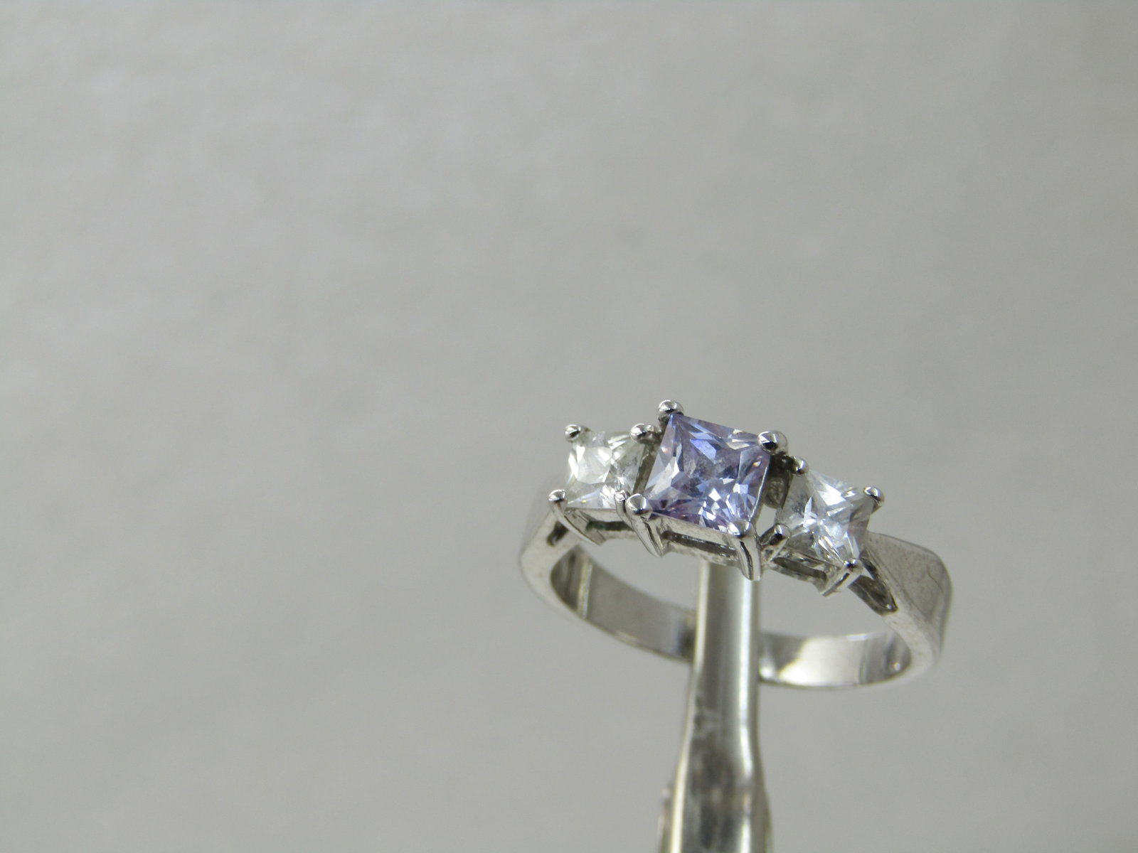 Purple and Clear CZ Ring, Sz. 9, Square Tiered, Rhodium/Silver Plated - 3