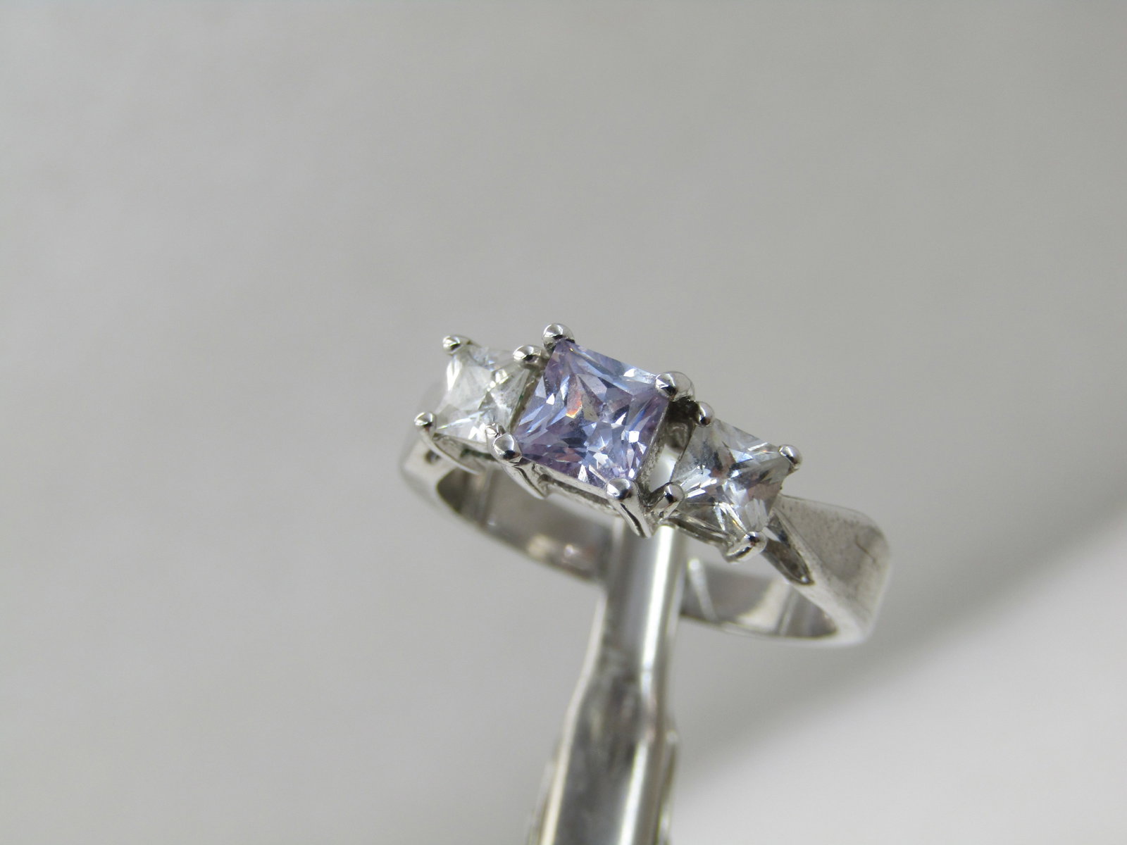 Purple and Clear CZ Ring, Sz. 9, Square Tiered, Rhodium/Silver Plated - 4