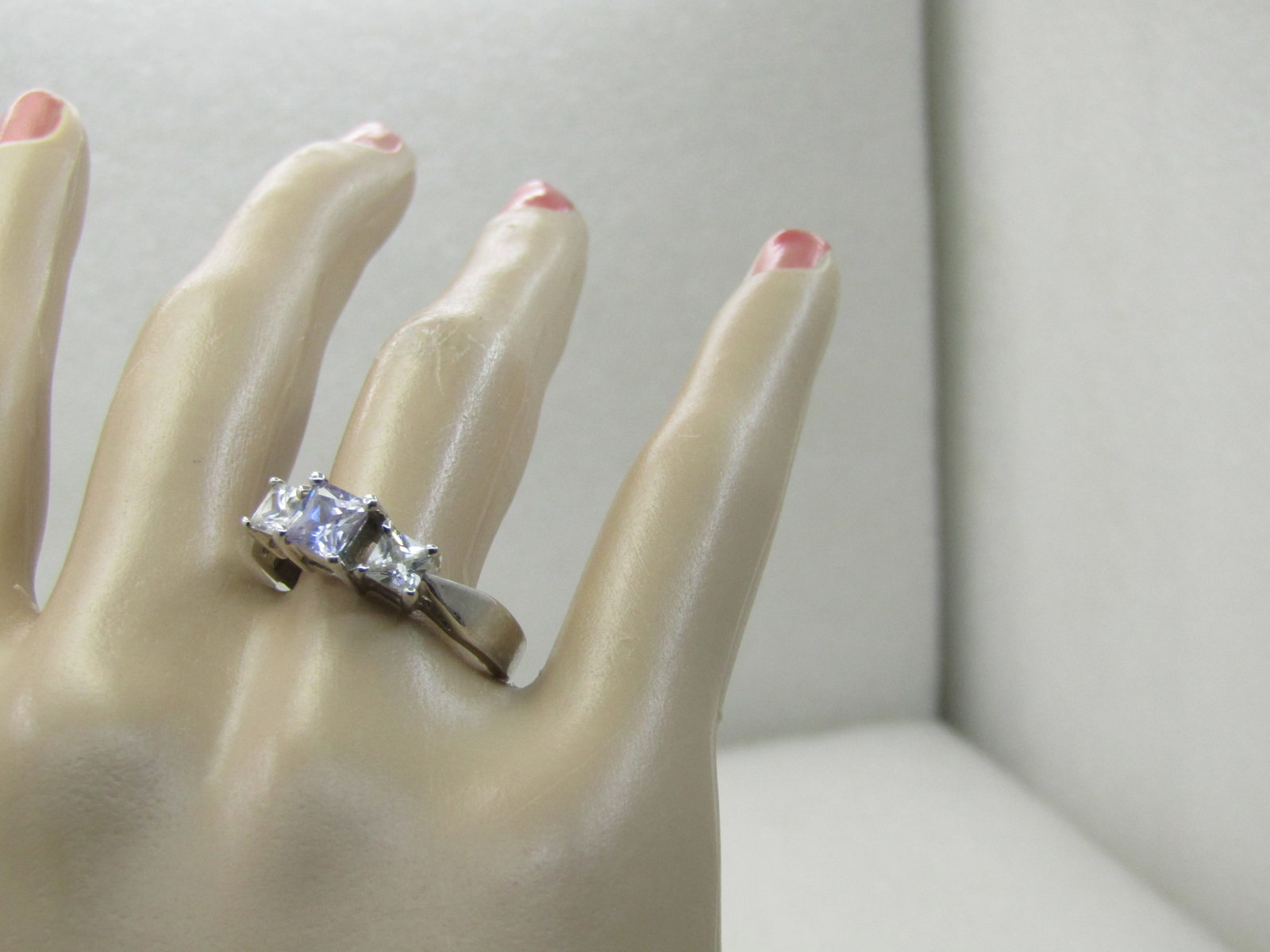 Purple and Clear CZ Ring, Sz. 9, Square Tiered, Rhodium/Silver Plated - 9