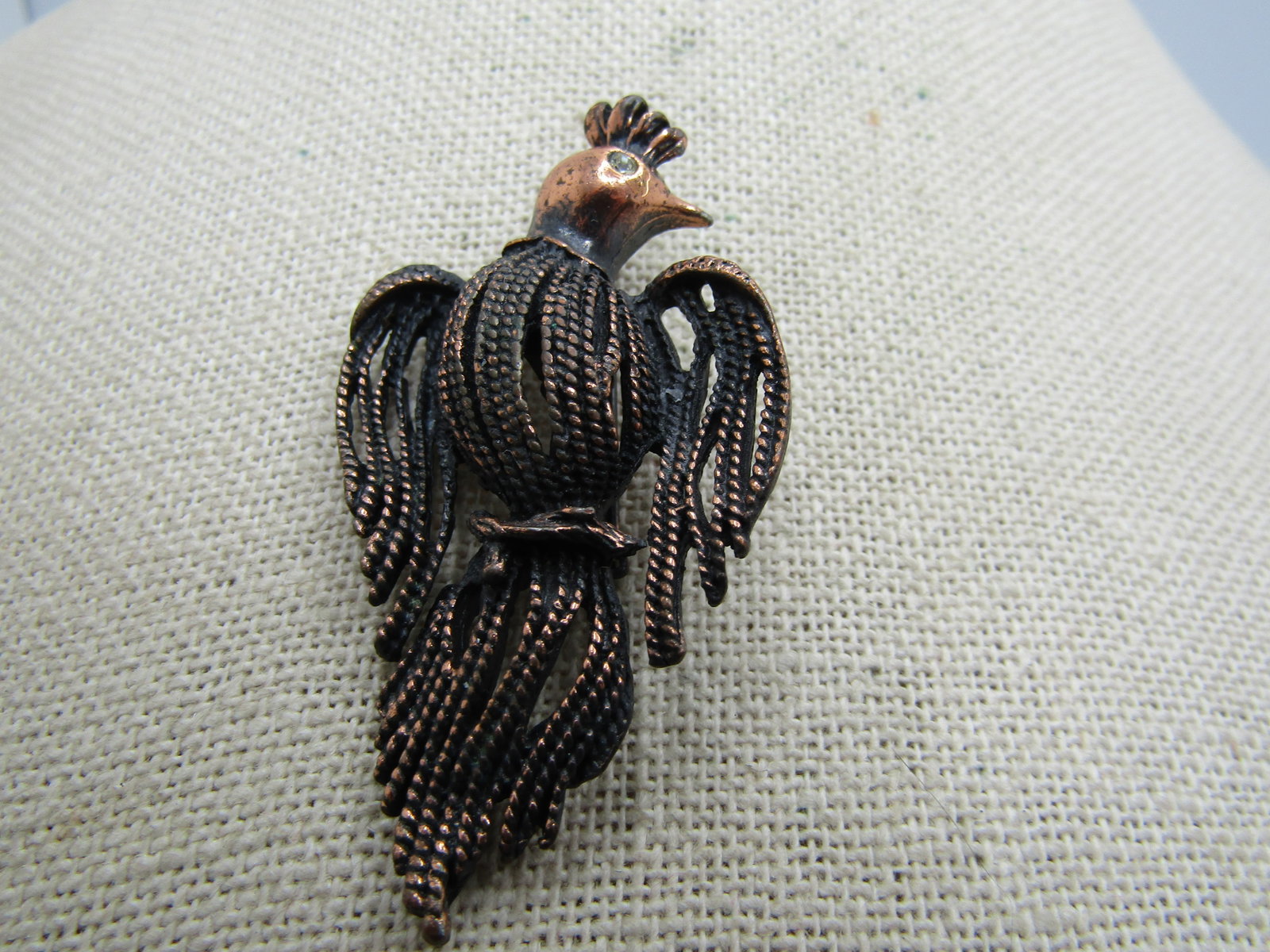 Vintage Copper Bird Brooch, Rhinestone Eye, 1950's-1960's - 2