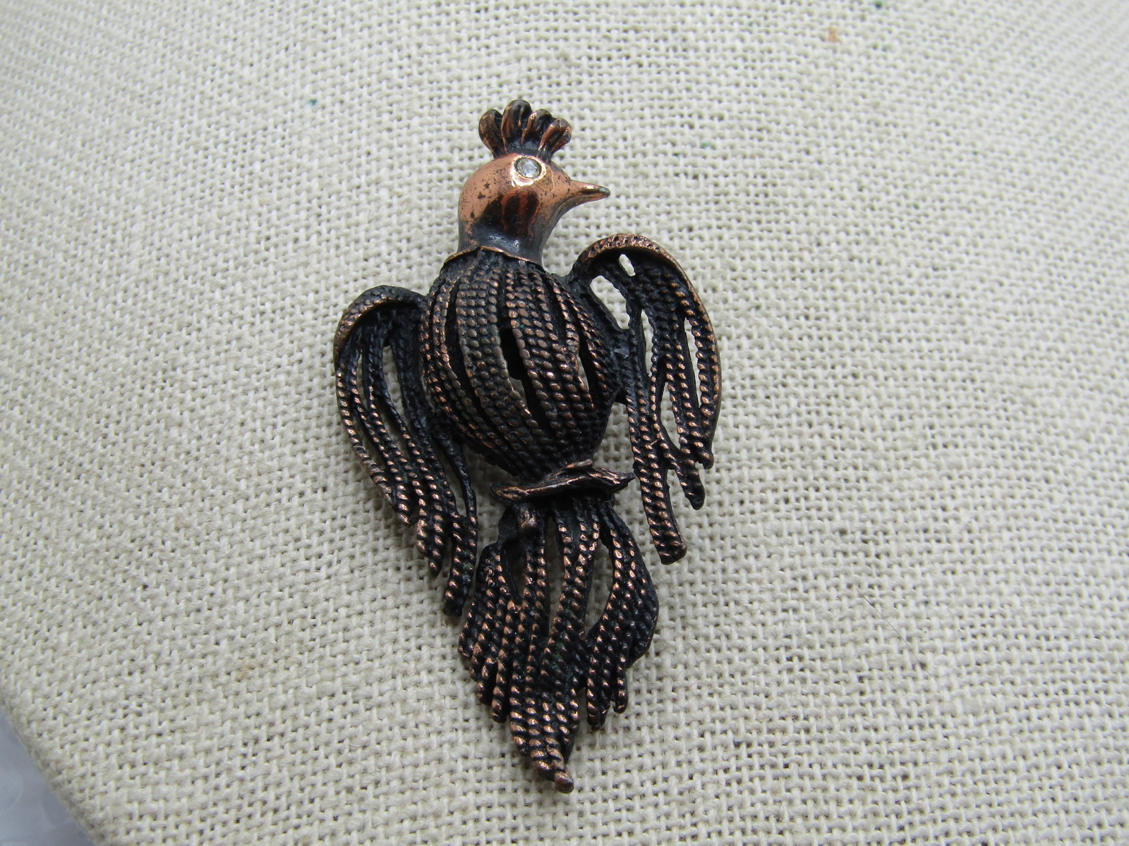 Vintage Copper Bird Brooch, Rhinestone Eye, 1950's-1960's - 3