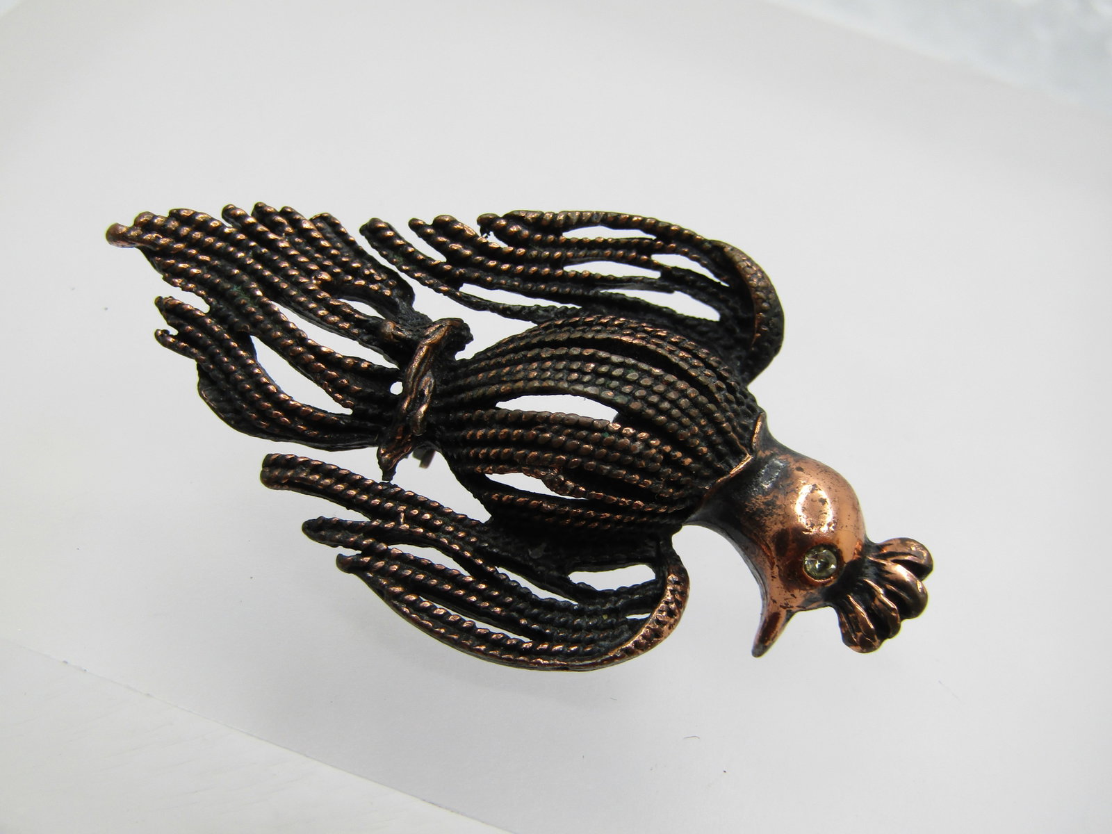 Vintage Copper Bird Brooch, Rhinestone Eye, 1950's-1960's - 6