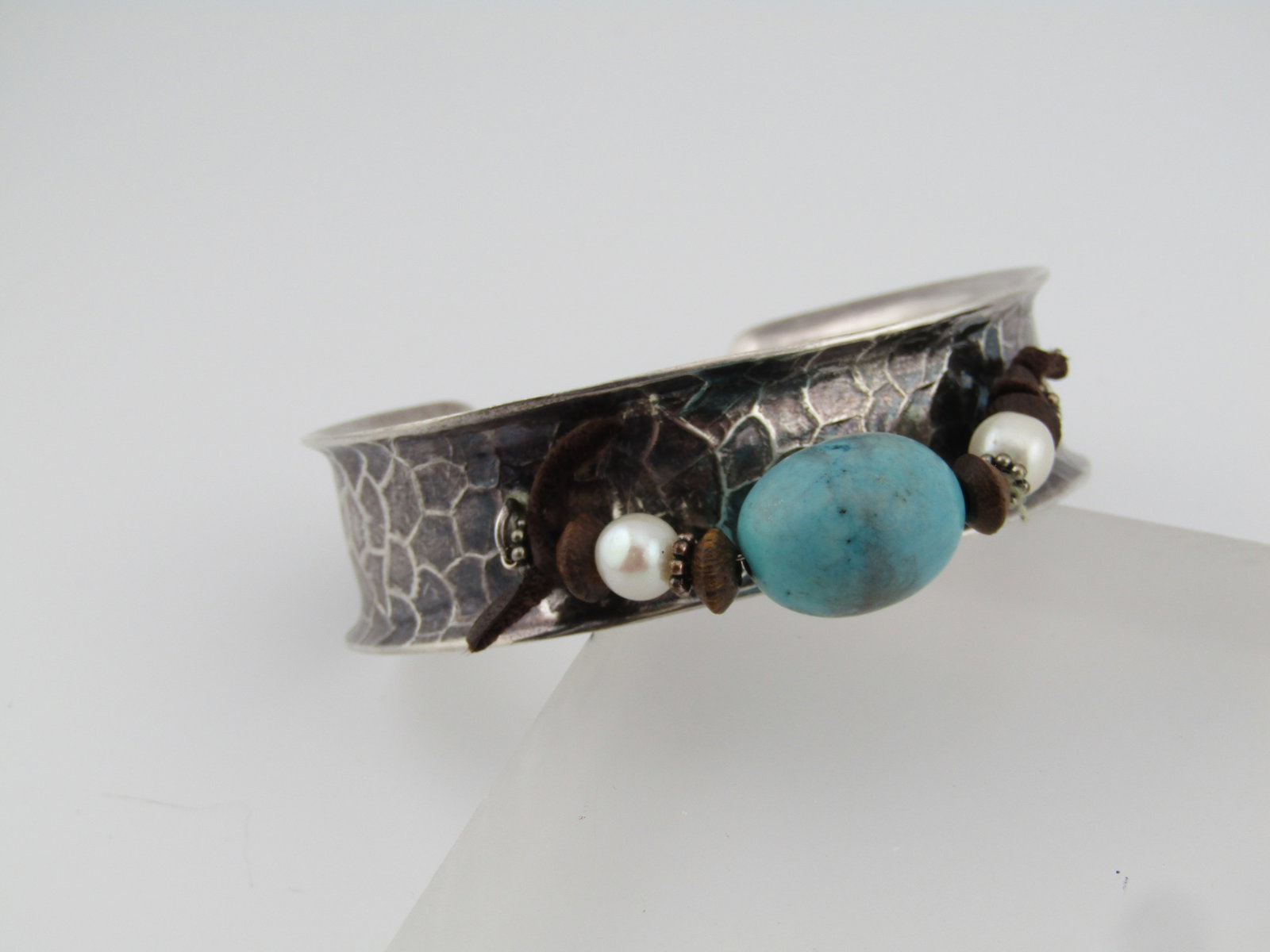 Vintage Hammered Sterling Turquoise Pearl Cuff Braclet, 7", Signed PD - 2